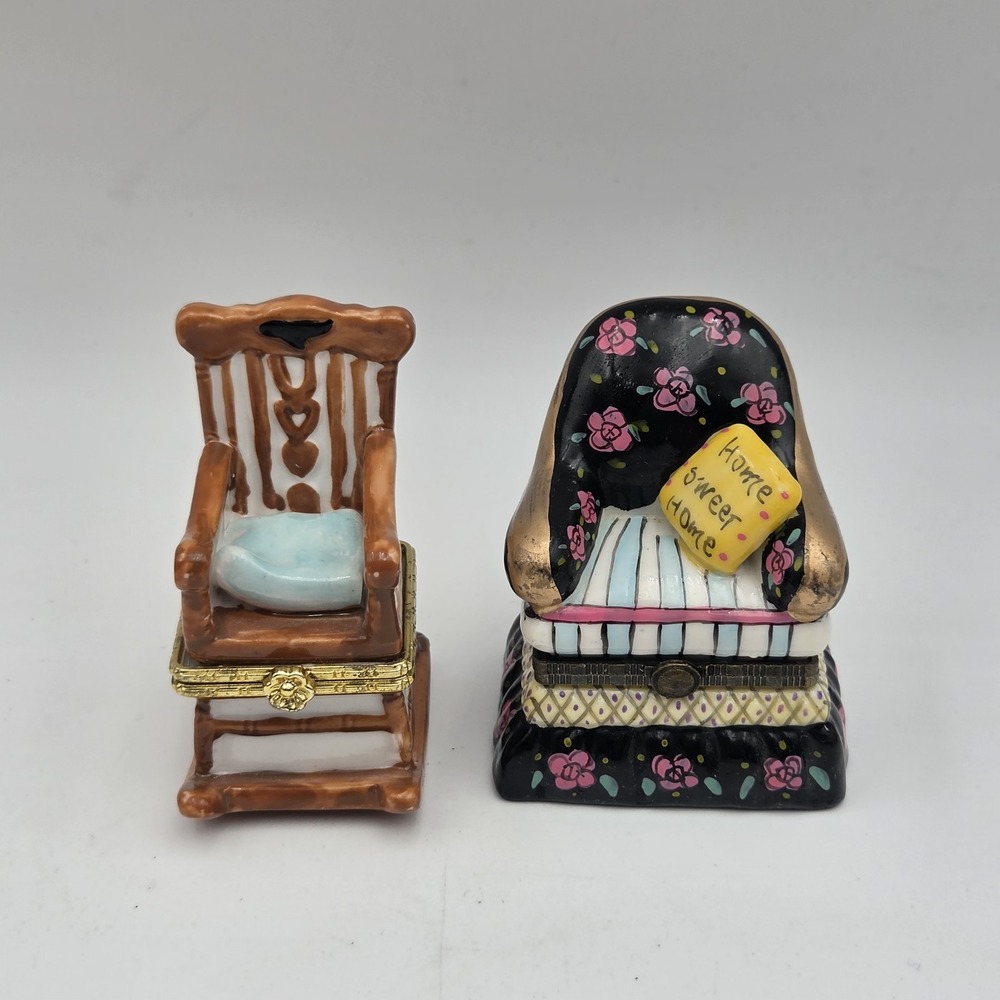 Vintage 2 Porcelain Hinged Trinket Box Armchair Home Sweet Home & Rocking Chair